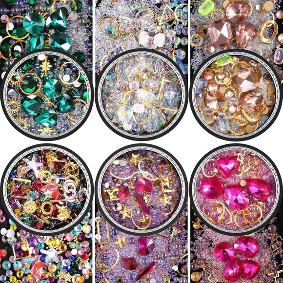 6 Wheels Mixed Sparkle Nail Art Rhinestones Diamonds Crystals - Picture 1 of 3